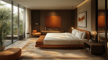 Fototapeta premium Modern Luxury Bedroom with Large Windows and Wooden Accents