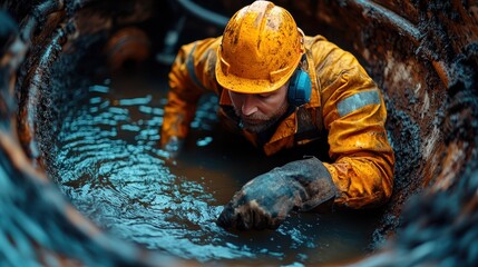 Worker inspecting sewer pipe