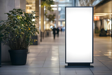 Minimalist roll up poster stand mockup in shopping mall wide banner design with empty copy space