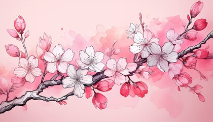 Fototapeta premium A serene scene of watercolor cherry blossoms in full bloom isolated on pink background. Generative AI.