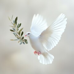 Fototapeta premium Serene White Dove Holding an Olive Branch, a Timeless Emblem of Peace and Harmony in Our World.