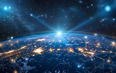 Obraz premium World map on a technological background, glowing lines symbols of the Internet,