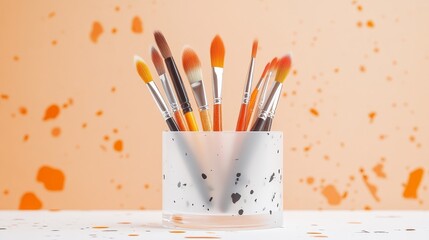 Transparent acrylic brush holder showcasing a variety of paintbrushes, neatly organized on a tidy desk, accompanied by art supplies and sketchpads