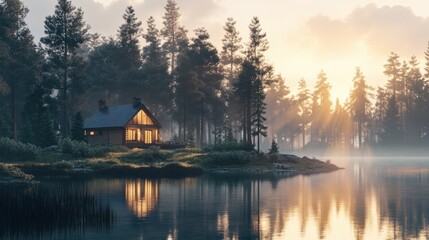 Fototapeta premium A small cabin sits on a lake surrounded by trees, AI