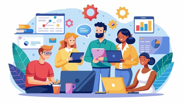 A harmonious blend of business acumen and technical expertise. This image depicts a team of business people and software developers working together, highlighting the complementary skills and knowledg