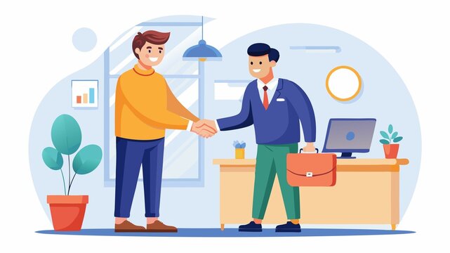 A warm welcome to the team. This image depicts a manager extending a welcoming handshake to a new employee, emphasizing the importance of a positive onboarding experience.