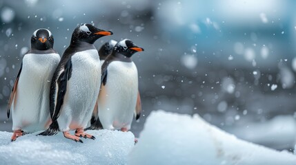 Fototapeta premium Three Penguins Standing on Snow in a Snowy Environment