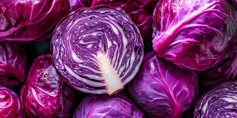 Obraz premium A vibrant and colorful array of deep red cabbages proudly showcasing their rich textures and beautiful hues