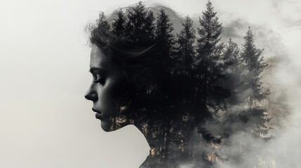Silhouette of a Nordic queen filled with a forest , double exposure, crisp lines, monochrome background