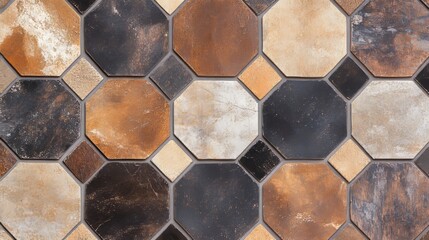 Hexagon mosaic with distressed look, rustic textures and warm earth tones, an inviting scene with vintage elements and natural hues