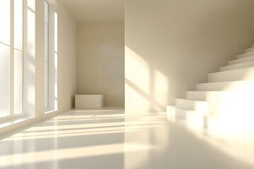 Fototapeta premium Modern interior with natural light streaming through large windows at midday. Generative AI