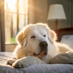 Great Pyrenees dog resting on bed