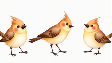 Fototapeta premium Cute Brown Birds Illustration with Blush Cheeks and Spiky Crests on White Background, Perfect for Children's Books, Educational Material, and Wall Art