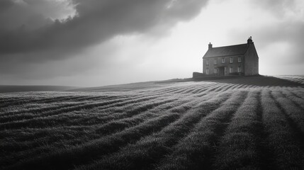Fototapeta premium This black and white minimalistic landscape shows fields and an old mansion house in the English countryside