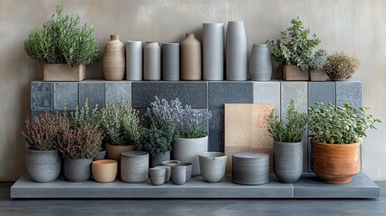 Fototapeta premium Top view of an artistic arrangement in grey and navy tones featuring fabric and paint swatches lamella panels foliage and tiles typical of a moodboard for architects and interior designers