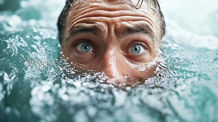 A man struggles to stay above the choppy water  His eyes reflect fear and determination