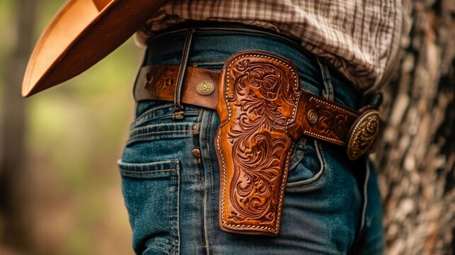 A detailed leather holster is secured on a cowboy's belt while standing among trees, showcasing craftsmanship and style in natural light.