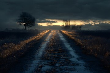 Fototapeta premium Misty road at dusk with fading light and dark clouds in a rural landscape. Generative AI