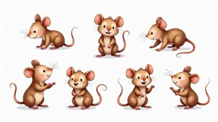 Cute Mouse Illustration Set with Adorable Cartoon Mice in Various Poses for Children's Books and Educational Materials