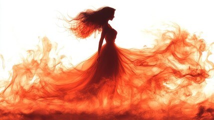 Fototapeta premium Silhouette of a woman in a flowing red dress engulfed in fiery flames