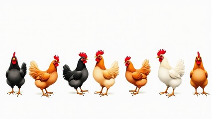 Fototapeta premium Colorful Illustration of Various Chicken Breeds Standing in a Row on a White Background