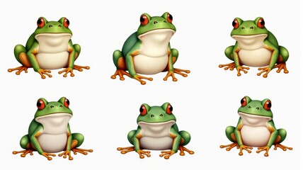 Fototapeta premium Cute Green Frog Illustration Set with Happy Expressions and Red Eyes, Perfect for Kids' Designs and Educational Materials