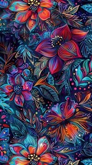 A lively arrangement of flowers and leaves with intricate designs in bright colors against a deep background