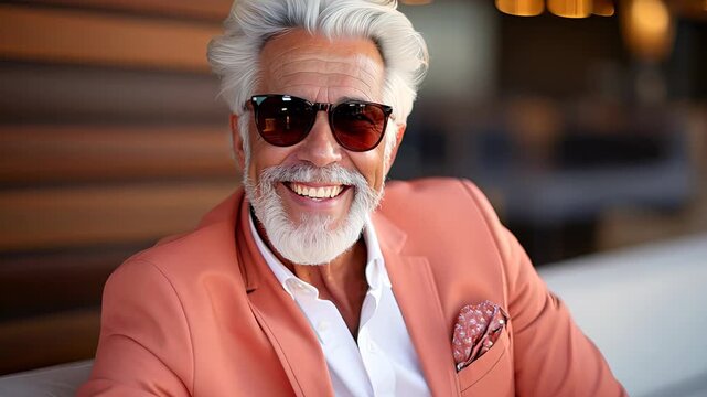 Attractive mature man in bright color clothes flirting