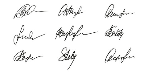 Fake signature hand drawn sample own autograph. Fictitious handwritten signature. Black ink color. Scribble for sample contracts documents certificates or letters. Vector illustration.