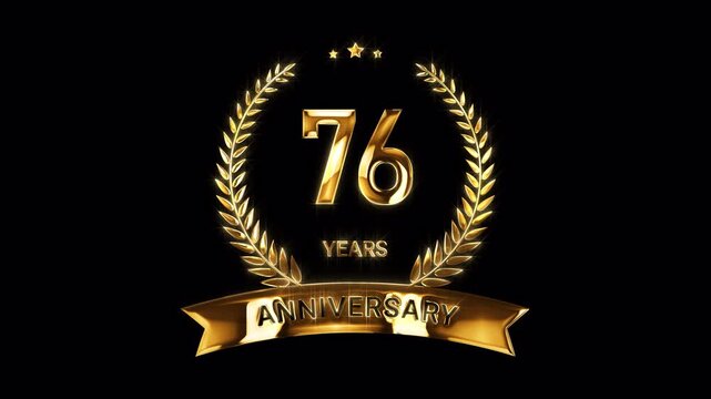 76th Anniversary Celebration. Happy 76 Years Anniversary Animation in Gold Color on the Transparent Background, Alpha Channel. Great for greetings, celebrations, events, and gifts.