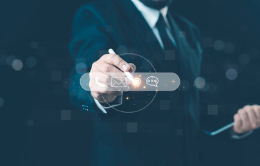 Concept of contact us, customer support, service, icon, Contact us or Customer support hotline people connect. Businessman using a laptop with the (email, call phone, mail) icons. customer service.