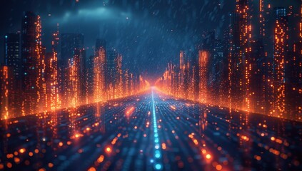Fototapeta premium Digital Cityscape with a Glowing Road