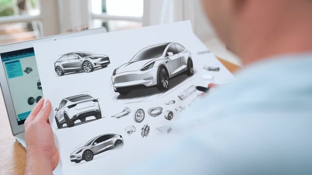 Car design engineer analyze car prototype for automobile business at home office. Automotive engineering designer carefully analyze, finding flaws and improvement for car design with laptop Fastidious