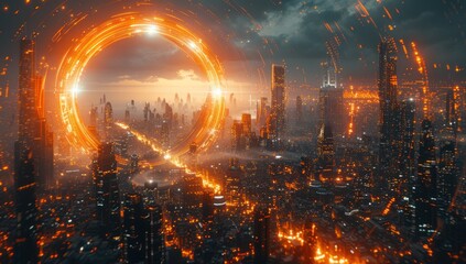 Obraz premium Futuristic Cityscape with a Glowing Portal
