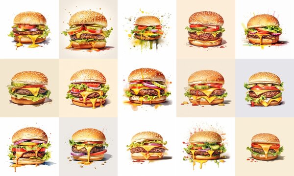 Delicious Cheeseburgers Illustration Collage - Mouth Watering Melting Cheese Burgers with Fresh Ingredients