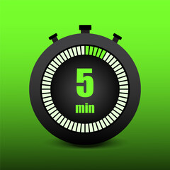 Green stopwatch icon. Five minutes. 5 minutes. Time management. Vector symbol.