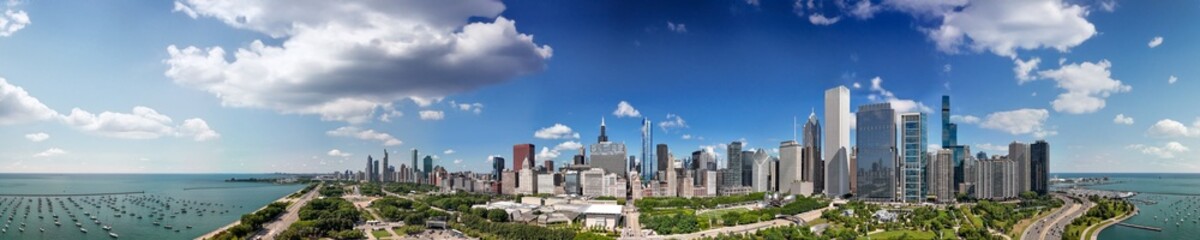 Aerial panoramic view of Chicago skyline from Millennium Park on a sunny summer day