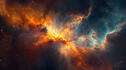 Fototapeta premium Cosmic Inferno: A nebula blazes with vibrant orange and blue hues, its interstellar clouds swirling in a fiery dance of creation and destruction. 