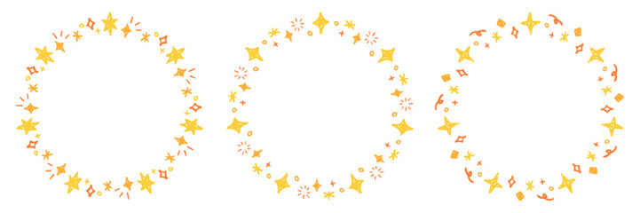 手書きのキラキラエフェクトの円形フレームセット、光のデコレーションフレーム