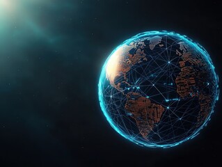 Obraz premium A digital representation of Earth showcasing a network of connections and glowing elements against a dark cosmic background.