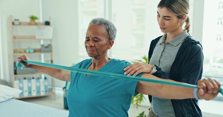 Physical therapy, senior woman and resistance band consultation and wellness in clinic. Working, rehabilitation and hospital with caregiver and healthcare worker with physiotherapy and stretching - Powered by Adobe