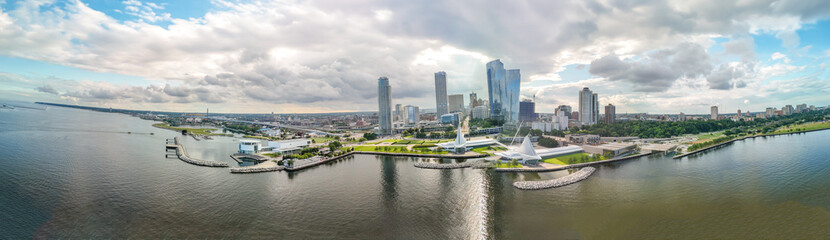 Aerial panoramic view of Milwaukee from Lake Michigan, Wisconsin