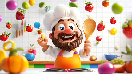 Obraz premium The Fruity Chef: A jolly, cartoon chef, surrounded by a vibrant cascade of 3D fruits, whips up a delicious storm in a playful kitchen setting. 