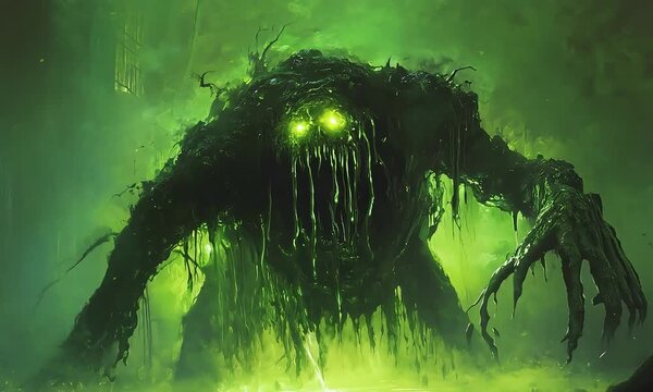 Terrifying Swamp Monster Emerging from Green Fog with ai generated.
