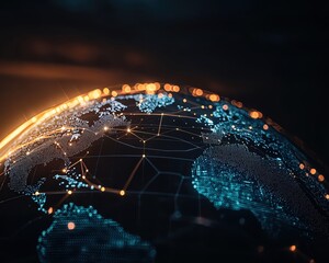 Obraz premium A stunning visual of Earth illuminated by networks of bright connections, showcasing technology, geography, and innovation.
