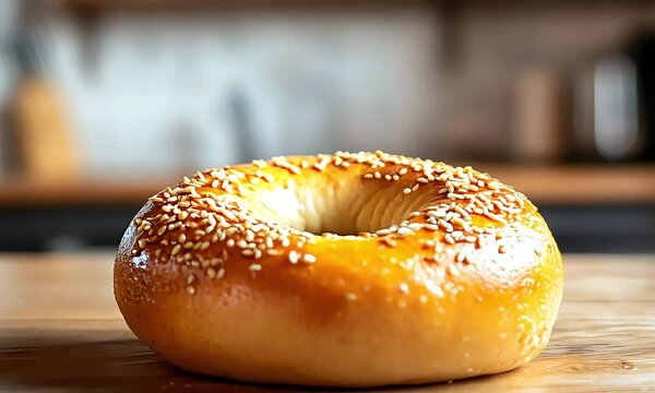 Freshly baked sesame seed bagel on table with ai generated.

