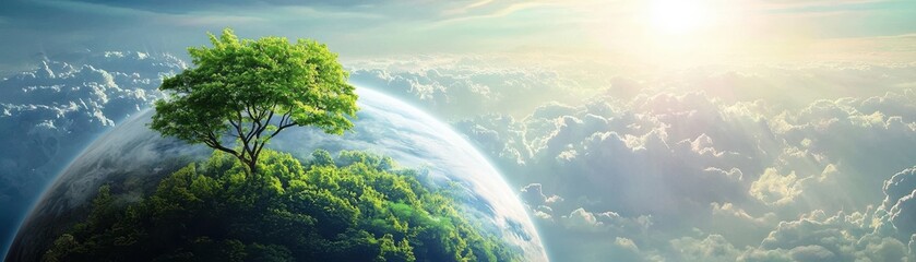 A serene landscape showcasing a lone tree on a planet surrounded by clouds and sunlight, symbolizing nature and tranquility.