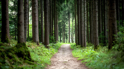 Naklejka premium The Path Through the Woods: A winding dirt path meanders through a dense forest, sunlight filtering through the towering pines and illuminating the lush green undergrowth, inviting the viewer to explo