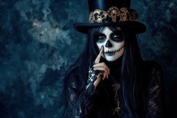 Naklejka premium Mysterious full-body portrait of a beautiful woman with long black hair and skull-like face paint, wearing a top hat and gesturing silence with a finger to her lips against a dark background.