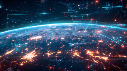 Global Network, Illuminated Planet: A breathtaking aerial view of Earth at night, adorned with intricate networks of glowing data streams, symbolizing global communication and interconnectedness.